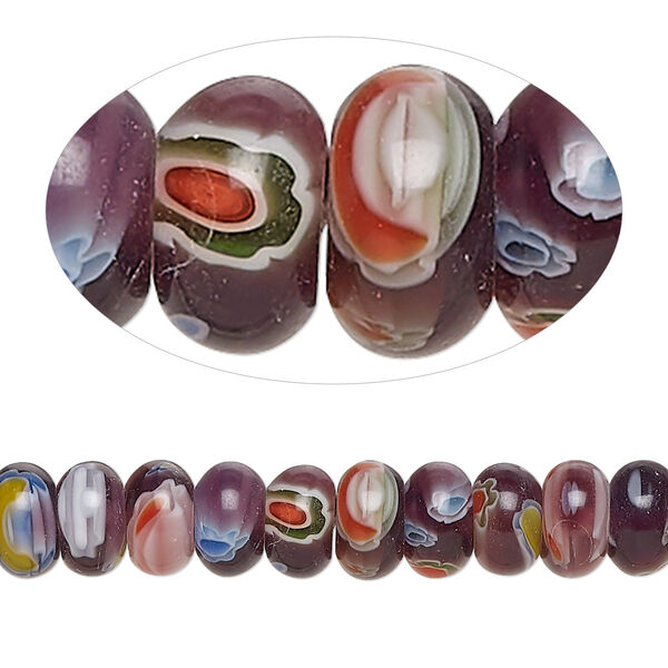 Bead, millefiori glass, translucent multicolored, 8x4mm-8x5mm rondelle with 0.6-0.8mm hole. Sold per 15-inch strand. image number 0