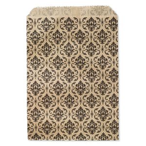 Bag, paper, brown and black, 7x5 inches with damask print and scalloped top edge. Sold per pkg of 100.