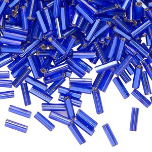 Bugle bead glass 50 g pk #3 round tube, opaque silver-lined blue