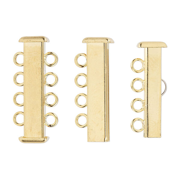 Clasp, 4-strand slide lock, gold-plated brass, 26x7mm rectangle tube. Sold per pkg of 4. image number 0