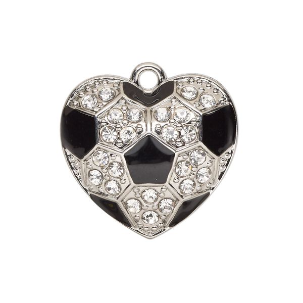 Charm, glass / enamel / silver-finished "pewter" (zinc-based alloy), clear and black, 26x24mm single-sided domed soccer ball heart. Sold individually. image number 0