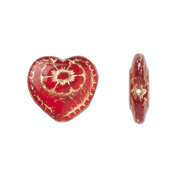 Bead, Czech gold-finished pressed glass, red, 17x17mm heart. Sold per 15-1/2" to 16" strand, approximately 25 beads. image number 0
