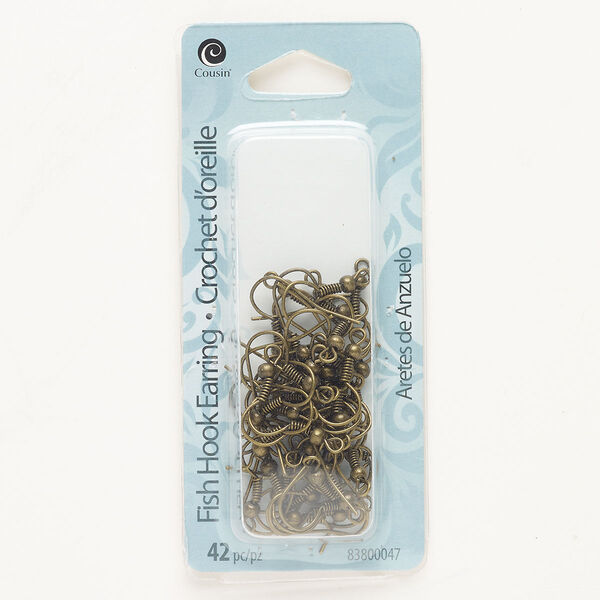 Ear wire, steel, pkg/21 pairs, antique brass finish, 18mm fishhook with open loop with 3mm ball and 4mm coil, 19 gauge. image number 0