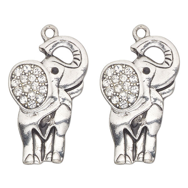 Focal, antique silver-finished "pewter" (zinc-based alloy) and glass, clear and black, 30x20mm single-sided elephant. Sold per pkg of 2. image number 0