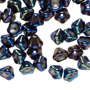 Bead 1pkg80 Czech pressed glass, iris blue, 8.5x6.5mm flower.