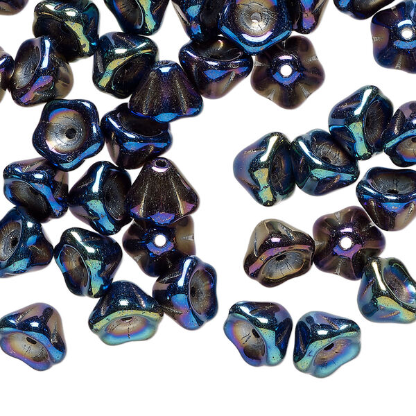 Bead 1pkg80 Czech pressed glass, iris blue, 8.5x6.5mm flower. image number 0
