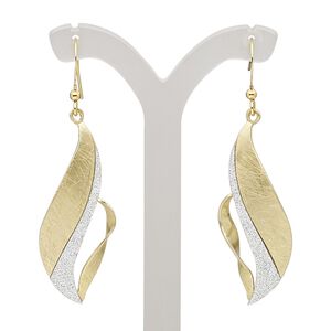 Earring, gold-finished brass and steel, silver with glitter, 2 inches with scratched twisted marquise and fishhook ear wire. Sold per pair.