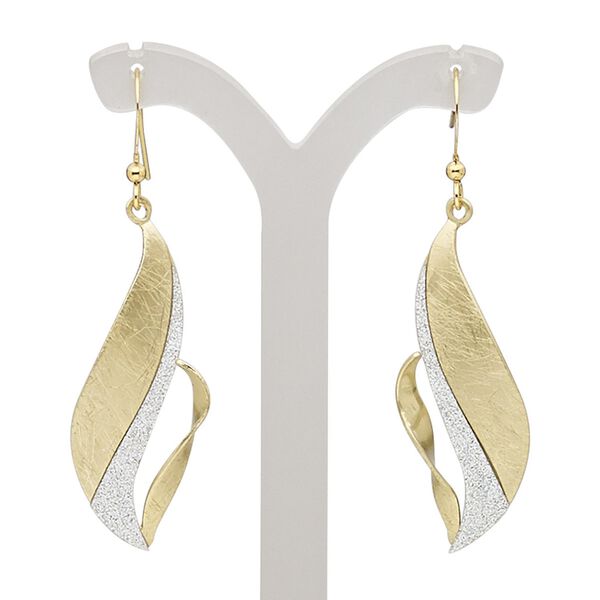 Earring, gold-finished brass and steel, silver with glitter, 2 inches with scratched twisted marquise and fishhook ear wire. Sold per pair. image number 0
