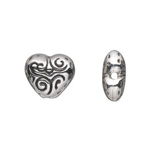 Bead, antiqued silver-finished copper-coated plastic, 15x13mm double-sided heart. Sold per 50-gram pkg, approximately 60 beads.