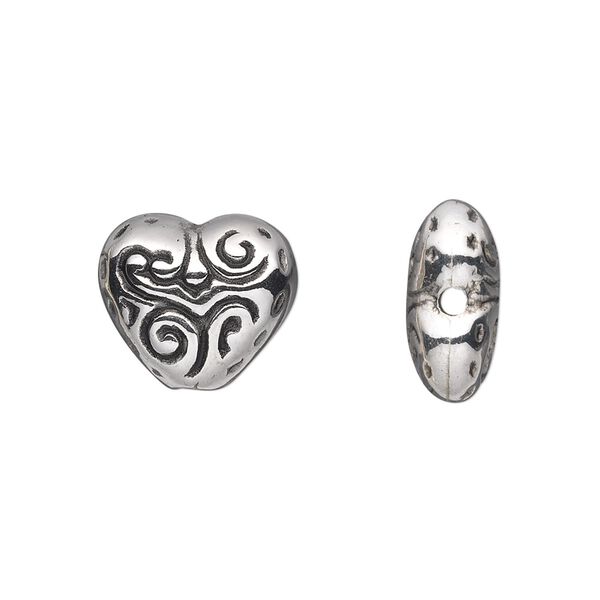 Bead, antiqued silver-finished copper-coated plastic, 15x13mm double-sided heart. Sold per 50-gram pkg, approximately 60 beads. image number 0