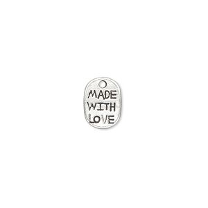 Drop, antique silver-plated "pewter" (zinc-based alloy), 11x8mm single-sided flat oval with "MADE WITH LOVE." Sold per pkg of 20.