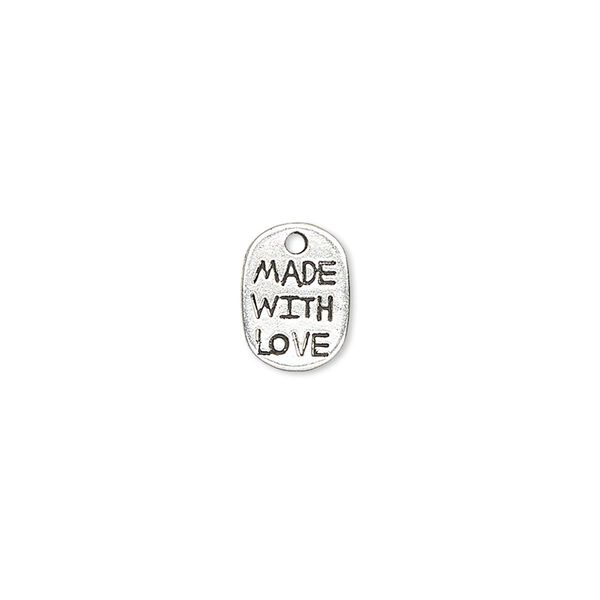 Drop, antique silver-plated "pewter" (zinc-based alloy), 11x8mm single-sided flat oval with "MADE WITH LOVE." Sold per pkg of 20. image number 0