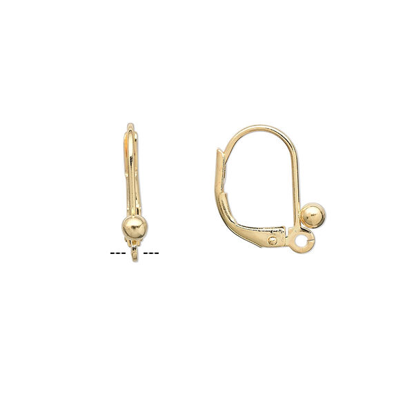 Ear wire, gold-plated brass, 16mm leverback with 3mm ball with closed loop. Sold per pkg of 5 pairs. image number 0
