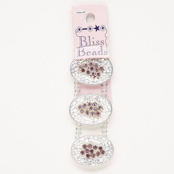 Spacer, silver-finished "pewter" (zinc-based alloy) and glass, purple and pink, 32x24mm hammered oval with hidden loops. Sold per pkg of 3. image number 0