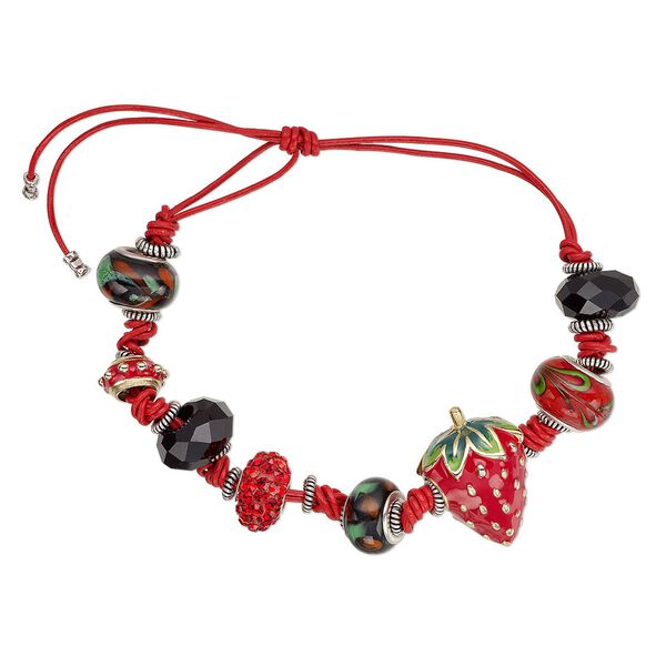 Bracelet, One of a Kind Jewelry, lampworked glass / silver-plated steel / gold-finished "pewter (zinc-based alloy) / Celestial Crystal® / rhinestone / epoxy / leather (dyed), red / black / green, 5-1/2 to 8 inches with knot closure. Only one available. image number 0