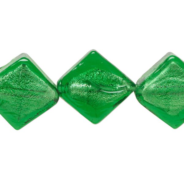 Bead, glass, opaque green, 19x18mm flat diamond with silver-colored foil. Sold per 8-inch strand, approximately 10 beads. image number 0