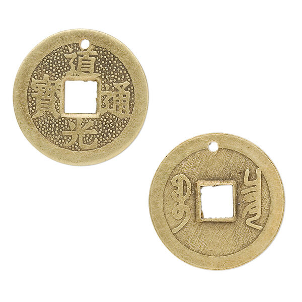 Charm, antiqued brass, 23mm Chinese coin replica. Sold per pkg of 4. image number 0
