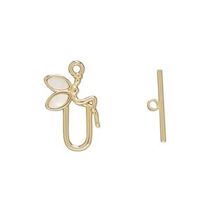 Clasp toggle 1pkg2 mother-of-pearl shell, 17x11mm fairy, gold-finished brass white 1-strand