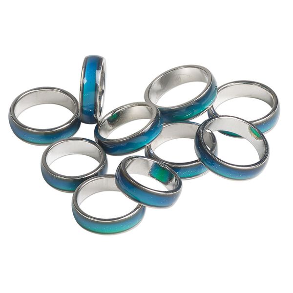 Ring mix, imitation rhodium-plated "pewter" (zinc-based alloy) and acrylic, multicolored, 6mm color changing "mood" ring, sizes 6 to 9. Sold per pkg of 10. image number 0