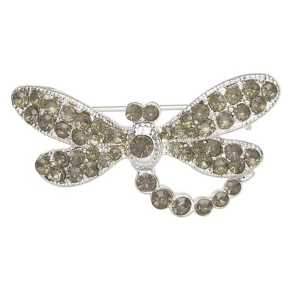 Brooch, silver-finished brass and glass, green, 37x19mm dragonfly. Sold individually. image number 0