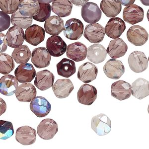 Bead, Czech fire-polished glass, opaque to transparent multi-purple, 6mm faceted round. Sold per pkg of 200.