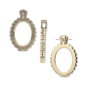 Pendant, Almost Instant Jewelry®, antique gold-finished brass and rubber, 45x28.5mm single-sided hinged scalloped oval with 30x22mm oval setting. Sold individually.