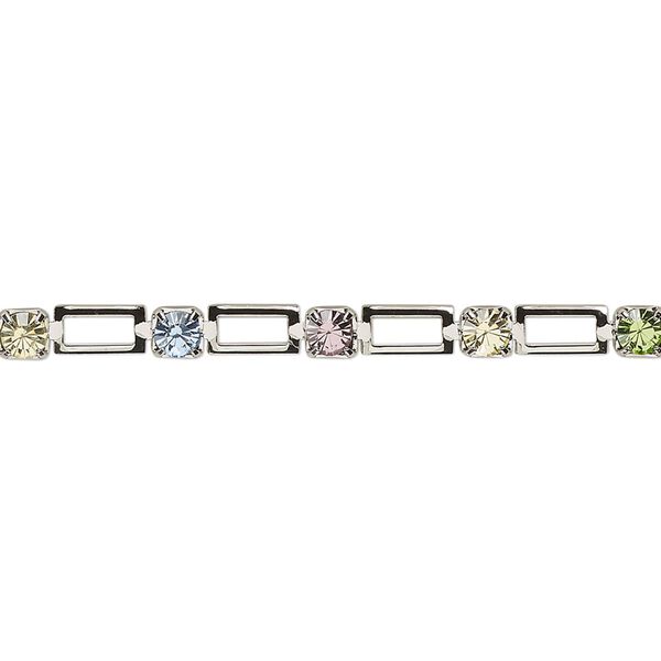 String chain, VINTAGE Crystal™, imitation rhodium plate brass, mixed colors, 3.2mm open rectangle. Sold per 1-meter section. image number 0
