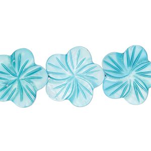 Bead, mother-of-pearl shell (dyed), dark aqua blue, 18x17mm-22x21mm carved flat flower with 0.6-0.8mm hole, Mohs hardness 3-1/2. Sold per 15-inch strand.