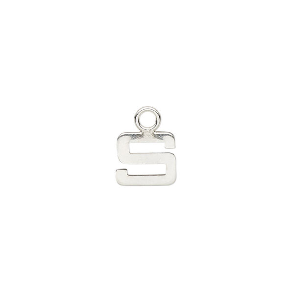 Charm, sterling silver, 9x8mm single-sided modern square alphabet letter S. Sold individually. image number 0