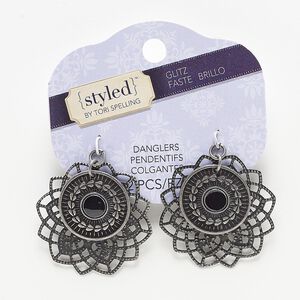Focal, enamel with antiqued nickel-finished steel and "pewter" (zinc-based alloy), black, 39x39mm flower. Sold per pkg of 2.