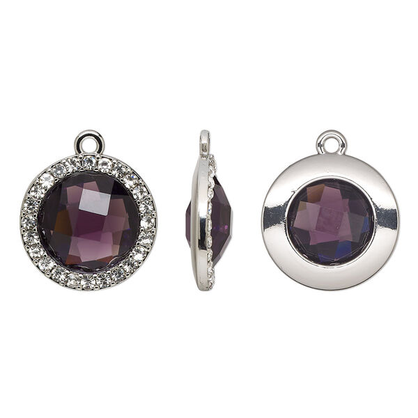 Drop, glass / glass rhinestone / imitation rhodium-finished "pewter" (zinc-based alloy), clear and transparent amethyst purple, 19mm single-sided round. Sold per pkg of 2. image number 0