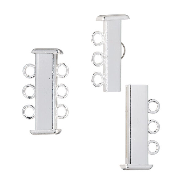 Clasp, 3-strand slide lock, silver-plated brass, 21x7mm rectangle tube. Sold per pkg of 4. image number 0