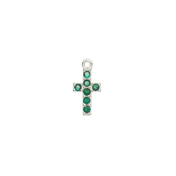 Drop, silver-plated brass and cubic zirconia, green, 12x7mm cross. Sold individually. image number 0