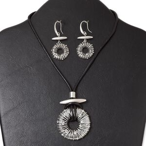 Necklace and earring set, antiqued silver-finished "pewter" (zinc-based alloy) and steel / leather (dyed) / glass rhinestone, black and clear, 45mm textured round donut, 15" to 16" necklace with lobster claw clasp and 3-inch extender chain, 2-1/8 inch earring with fishhook ear wire. Sold per set.