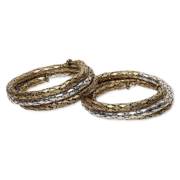 Bracelet,  antique brass- and imitation rhodium-finished steel memory wire, 18mm wide, adjustable from 7-9 inches. Sold per pkg of 2. image number 0