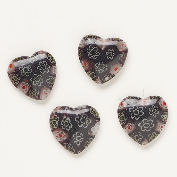 Bead, millefiori glass, opaque dark purple and multicolored, 18-20mm half-drilled puffed heart. Sold per pkg of 4. image number 0
