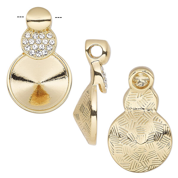 Pendant, Almost Instant Jewelry®, crystals and gold-finished "pewter" (zinc-based alloy), crystal clear, 26x16mm two-sided triple round with 14mm rivoli setting. Sold individually. image number 0