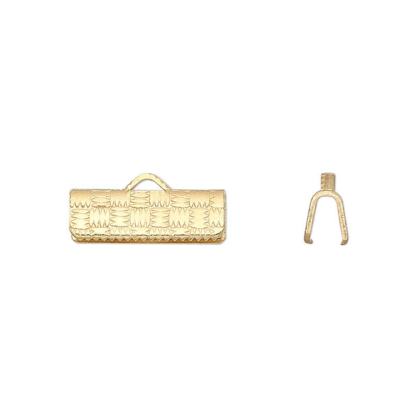 Ribbon crimp end, gold-plated brass, 16x6mm textured rectangle. Sold per pkg of 10. image number 0