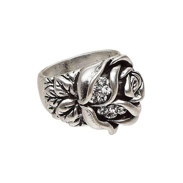 Ring, antique silver-plated "pewter" (zinc-based alloy) and glass rhinestone, clear, 18mm wide with rose design, size 8. Sold individually. image number 0