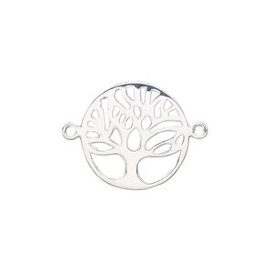 Link, sterling silver, 18mm double-sided flat round with cutout tree of life. Sold individually.