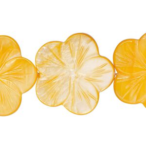 Bead, mother-of-pearl shell (dyed), bright orange, 24x23mm-26x25mm carved flat flower with 0.6-0.8mm hole, Mohs hardness 3-1/2. Sold per 15-1/2" to 16" strand.