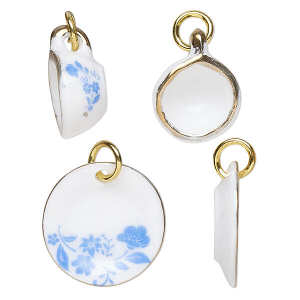 Charm, ceramic and gold-finished steel, gold / blue / white, 16x7mm and 19mm 3D cup and saucer with floral design and jump ring. Sold per pkg of (2) 2-piece sets. image number 0