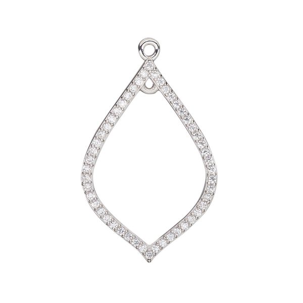 Drop, cubic zirconia and rhodium-plated sterling silver, clear, 29.5x19.5mm single-sided open teardrop with loop. Sold individually. image number 0