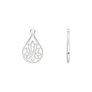 Drop, sterling silver, 14.5x10mm teardrop with lotus cutout design. Sold individually.