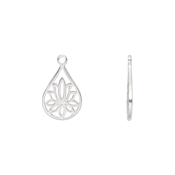 Drop, sterling silver, 14.5x10mm teardrop with lotus cutout design. Sold individually. image number 0