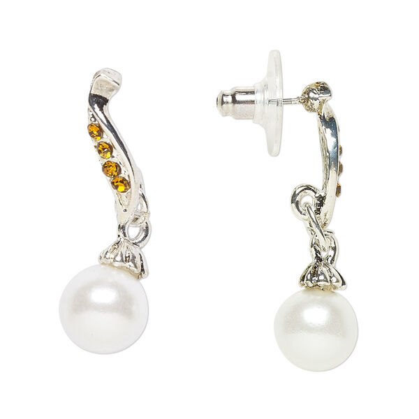 Earring, Everyday Jewelry, antique silver-finished "pewter" (zinc-based alloy) / glass / acrylic pearl, orange and white, 32mm. Sold per pair. image number 0