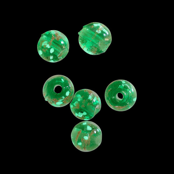 Bead, lampworked glass, clear / green / glow-in-the-dark / gold, 8mm round. Sold per pkg of 6. image number 1