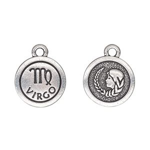 Charm, TierraCast®, antique silver-plated pewter (tin-based alloy), 15mm two-sided flat round with Virgo zodiac sign and symbol. Sold per pkg of 20.