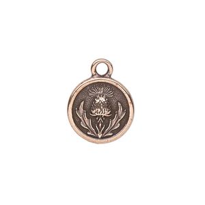 Charm, TierraCast®, antique copper-plated pewter (tin-based alloy), 14.5mm round with thistle design. Sold per pkg of 20.