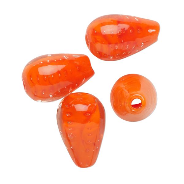 Bead, lampworked glass, translucent orange, 17x11mm teardrop. Sold per pkg of 4. image number 0